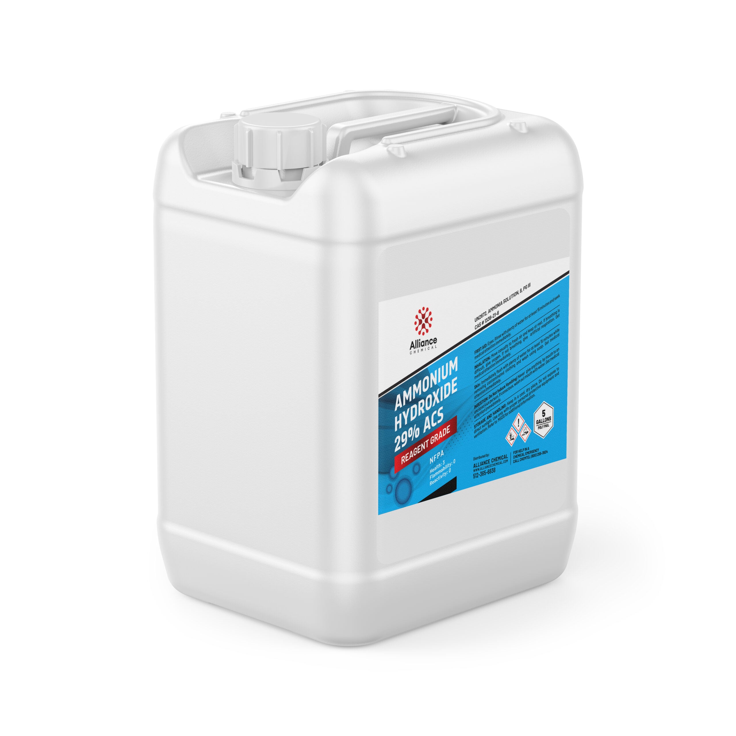 5-gallon white HDPE container of Alliance Chemical 29% ACS Reagent Grade Ammonium Hydroxide with corrosive/toxic hazard symbols and safety labeling.